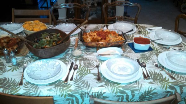 Tender & Succulent, Free-Range Poulet Avec Parmesan, Delicately Tossed Baby Greens Drizzled with Zesty Exotic Oil Compilation and Ziti Con GRAVY- not sauce